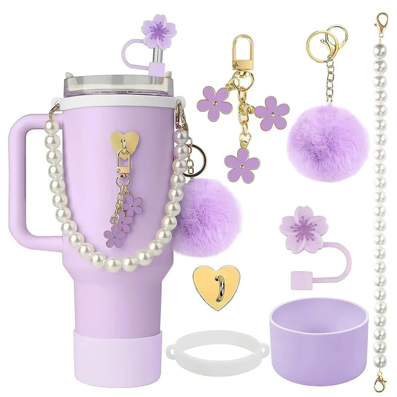 CoolShef 7 Pcs Purple Stanley Cup Accessories Kit with Straw Cap, White Pearl Chain Handle, Bottom Sleeve, Tumbler Charm Accessorie Set (Excluding Cups) - Image 1