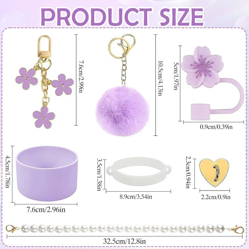 CoolShef 7 Pcs Purple Stanley Cup Accessories Kit with Straw Cap, White Pearl Chain Handle, Bottom Sleeve, Tumbler Charm Accessorie Set (Excluding Cups) - Image 2