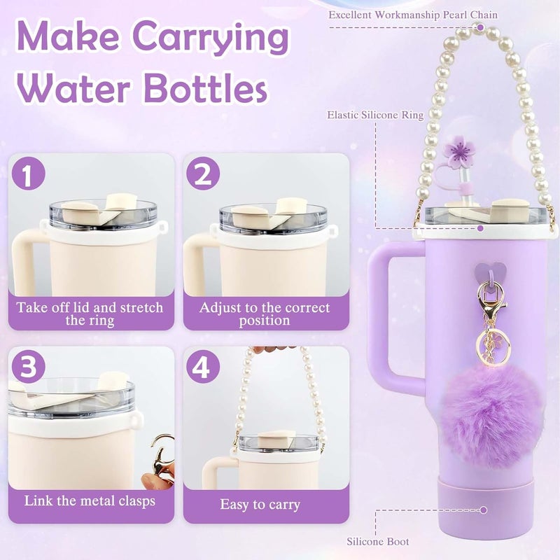 CoolShef 7 Pcs Purple Stanley Cup Accessories Kit with Straw Cap, White Pearl Chain Handle, Bottom Sleeve, Tumbler Charm Accessorie Set (Excluding Cups) - Image 4