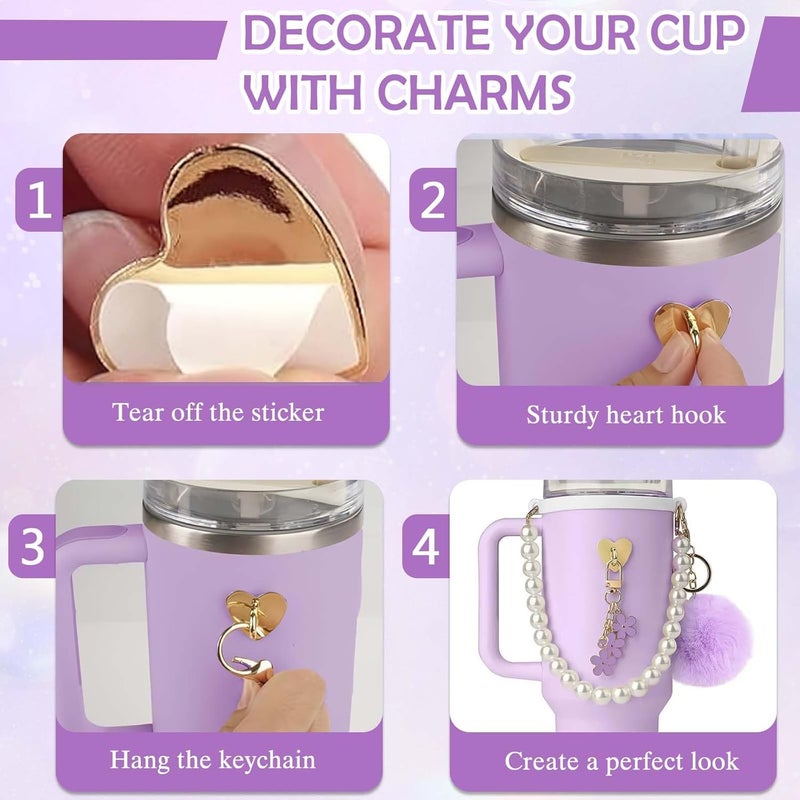 CoolShef 7 Pcs Purple Stanley Cup Accessories Kit with Straw Cap, White Pearl Chain Handle, Bottom Sleeve, Tumbler Charm Accessorie Set (Excluding Cups) - Image 5
