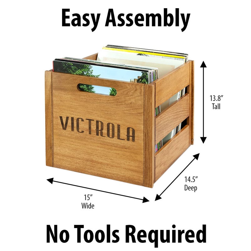 Victrola Wooden Record Crate â€“ Tabletop Vinyl Album Holder, No-Tool Assembly, Holds Over 50 Records, Real Wood Construction, Elegant Design (Natural Wood) - Image 3