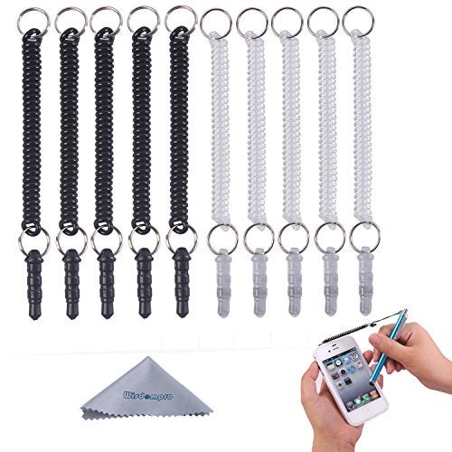 Wisdompro Stylus Tether, 10 Pack of Detachable Elastic Coil Tether Strings/Lanyards with 3.5mm Earphone Jack for Stylus Pens - Black/Clear - Image 1