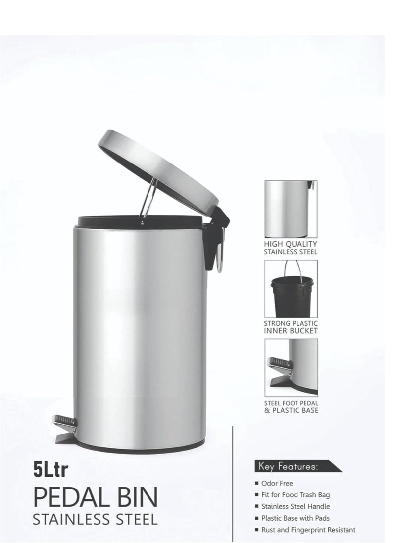 ON MART Stainless Steel 5 Liter Pedal Bin, Big 5 Liter Trash Can Pedal Bin, Home Garbage Can Dustbin, Office Recycle Bin, Round Shape, Color: Silver  - Image 1
