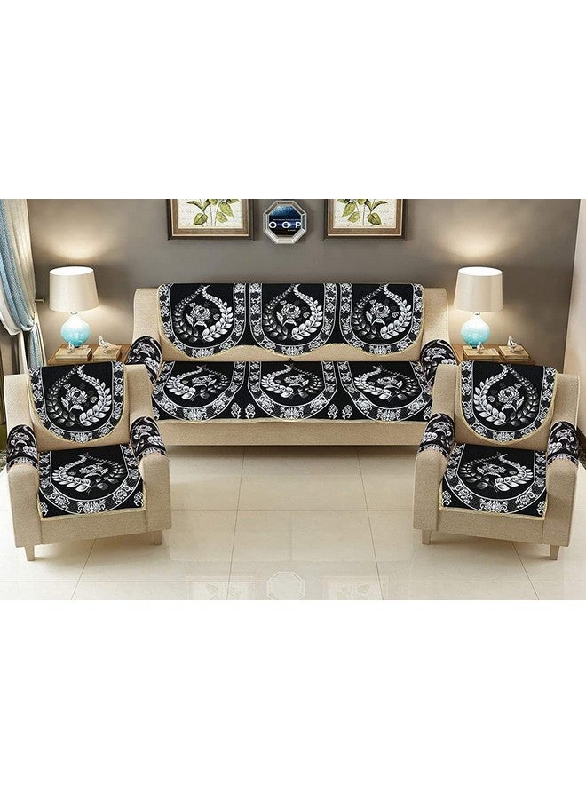 Multitex Royal Look Cotton Sofa Cover Set with Heavy Fabric Floral Design 5+Arm Seater Sofa Cover -| Set of 16 Piece (Black) - Image 1