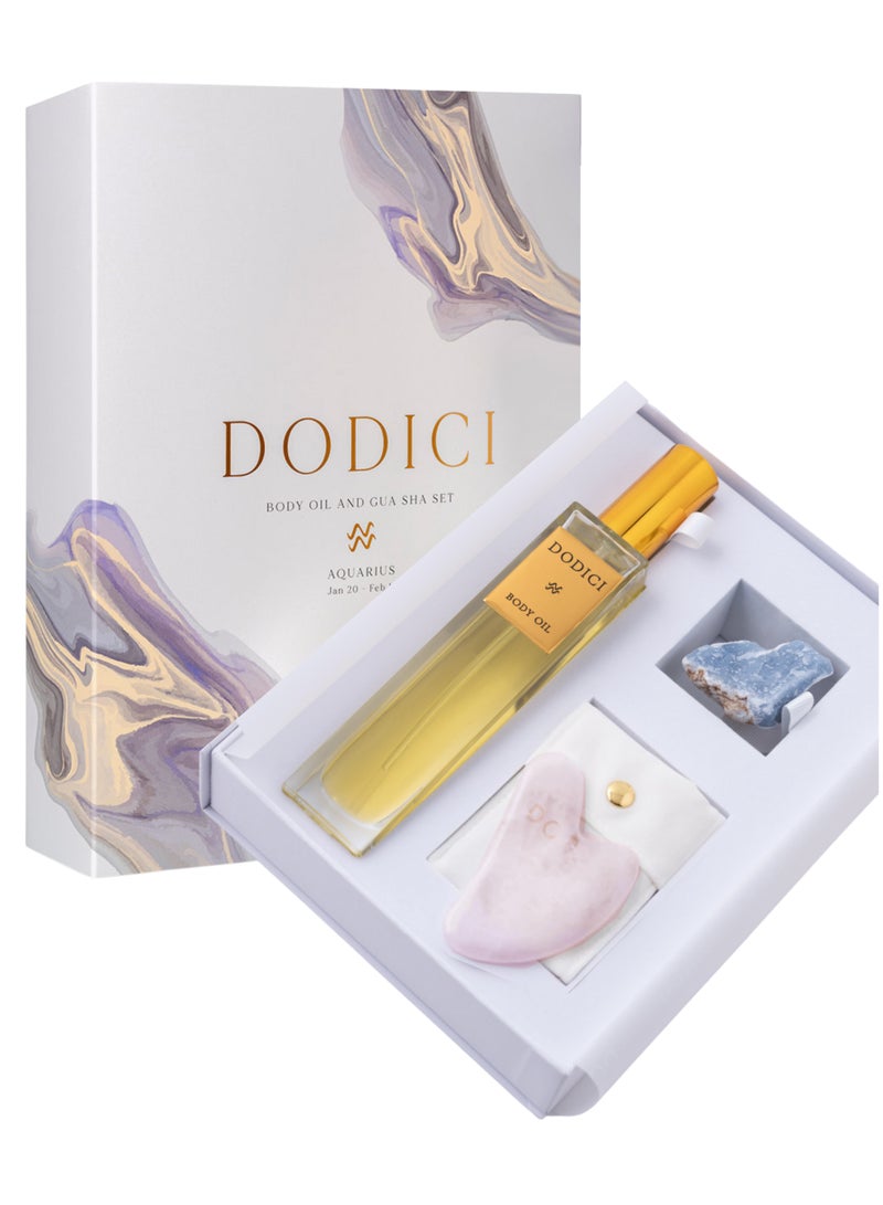 Dodici Gift Set Inspired by Your Zodiac Sign (Aquarius) Silky and luxurious body oil made from ecological oils | Perfect for a Birthday Gift | Organic Body Oil & Natural ANGELITE Gift Set + Gua Sha - Image 1