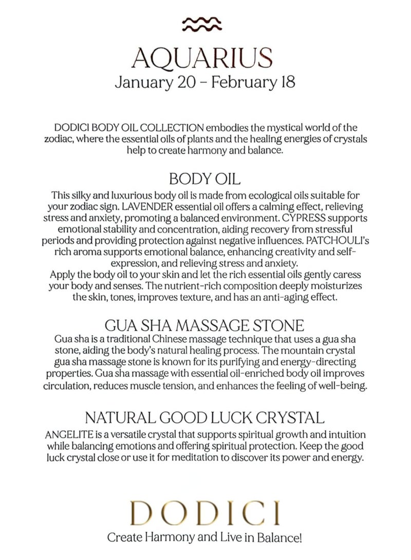 Dodici Gift Set Inspired by Your Zodiac Sign (Aquarius) Silky and luxurious body oil made from ecological oils | Perfect for a Birthday Gift | Organic Body Oil & Natural ANGELITE Gift Set + Gua Sha - Image 3