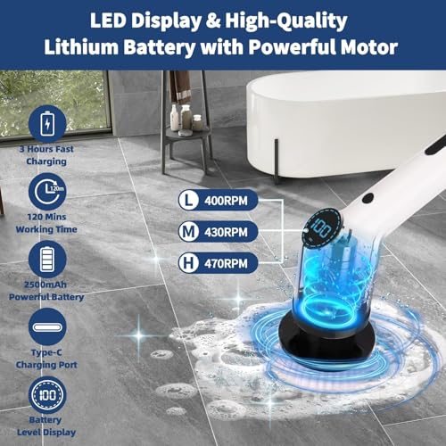 Tusmad New Electric Spin Scrubber 9 in 1 Cordless Cleaning Brush and golves with Adjustable Speed, LED Display, Electric Scrubber for Cleaning Bathroom (Multicolour) - Image 3