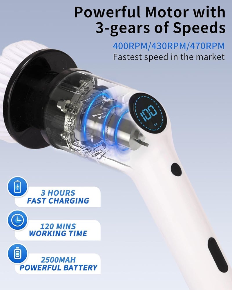 Tusmad New Electric Spin Scrubber 9 in 1 Cordless Cleaning Brush and golves with Adjustable Speed, LED Display, Electric Scrubber for Cleaning Bathroom (Multicolour) - Image 5