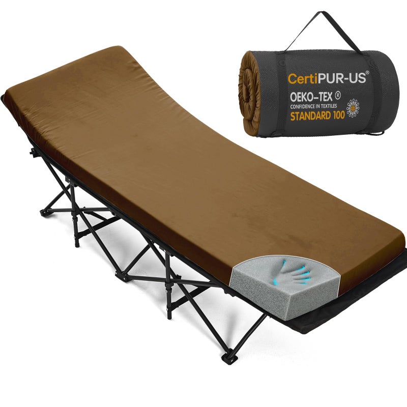 CYMULA Camping Cot Mattress 2in Memory Foam Sleeping Pad,Soft Warm Non-Slip Camping Mattress Topper with Retaining for Adults,Portable Roll up Pad for Travel(Brown 75"x30") - Image 1