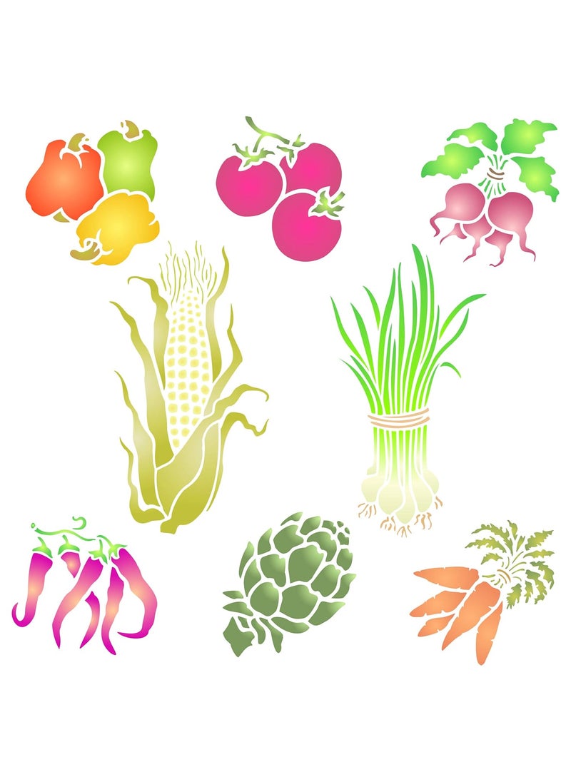 Usnyabni Vegetable Stencil, 6.5 x 6.5 inch (S) - Corn Tomato Radish Pepper Chili Carrot Asparagus Scallions Vegetables Stencils  - Image 1