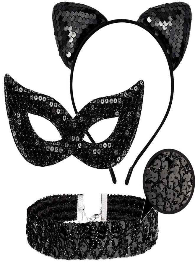 OLYPHAN Black Cat Costume Accessories Cat Woman Costume for Women Halloween Sequins Masquerade Mask Adult, Shiny Cat Ears & Sequins Choker Necklace - Image 1