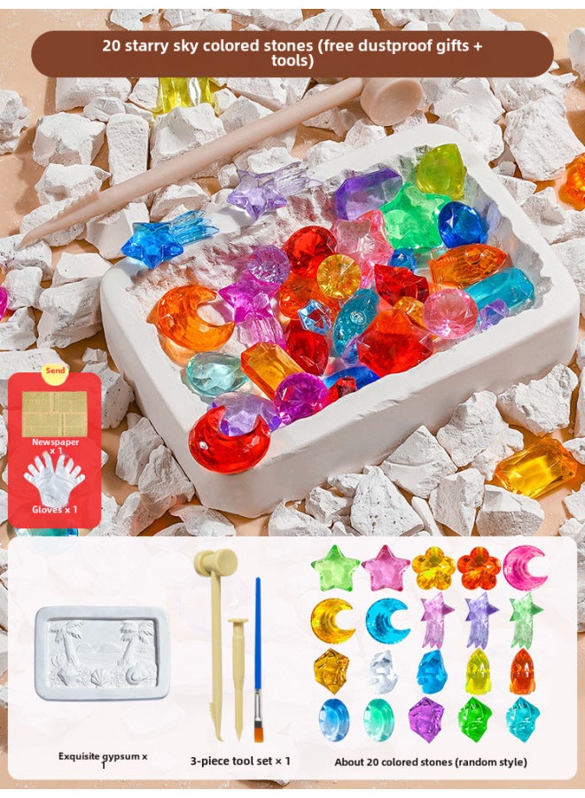 Dinosaur Fossil Archaeological Digging Toys Gypsum Gem Digging Luminous Mining Treasure Hunting Blind Box Set Wholesale-Color:Colorful Star Gem (send Newspaper + Gloves + Tools)  - Image 1
