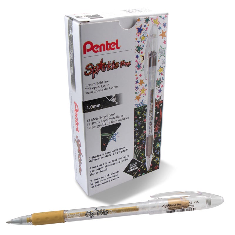Pentel قلم جل معدني بنتل سباركل بوب، (1.0 مم) خط عريض، ذهبي، علبة من 12 قلم - Image 1