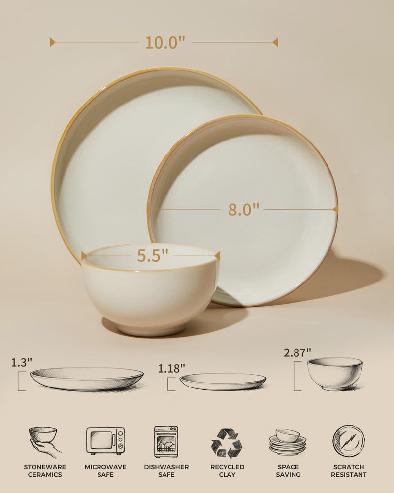 Pokini Stoneware Dinnerware Sets, Ceramic Plates and Bowls Set, Microwave & Dishwasher Safe Kitchen Dishes, Modern Dinner Salad Plates | Cereal Bowls, Dishware Sets Service for 4 Yellow White - Image 2