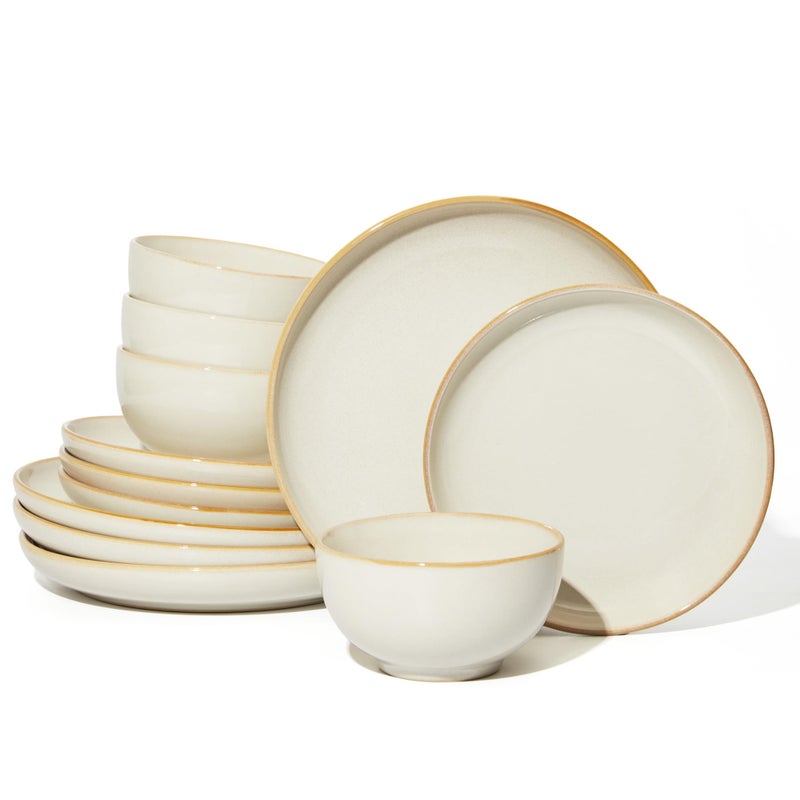 Pokini Stoneware Dinnerware Sets, Ceramic Plates and Bowls Set, Microwave & Dishwasher Safe Kitchen Dishes, Modern Dinner Salad Plates | Cereal Bowls, Dishware Sets Service for 4 Yellow White - Image 1