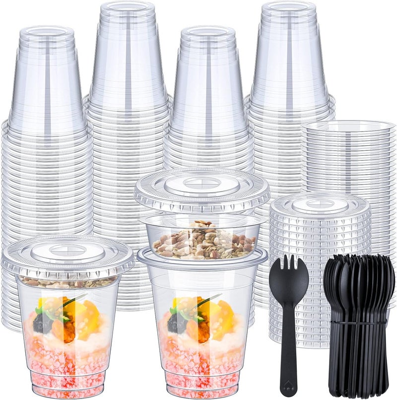 WILLBOND 100 Sets 12oz Clear Plastic Parfait Cups with Flat Lids - Insert Yogurt, Fruit, Veggie and Dip Cups with Spoons - Image 1