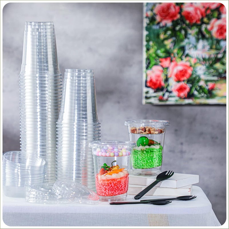 WILLBOND 100 Sets 12oz Clear Plastic Parfait Cups with Flat Lids - Insert Yogurt, Fruit, Veggie and Dip Cups with Spoons - Image 4