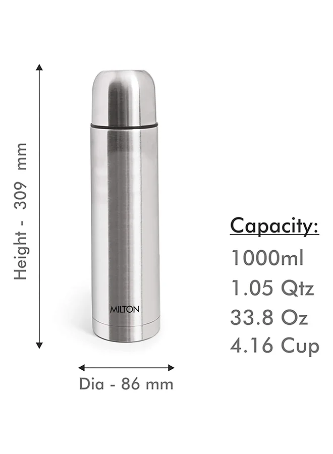 Milton 1000ml Thermosteel Flask with Jacket, Keeps Drinks Hot and Cold for 24 Hours, 18/8 Stainless Steel, Double-Walled Vacuum Insulated Water Bottle with Inner Copper Coating - Plain Lid - Silver Silver
