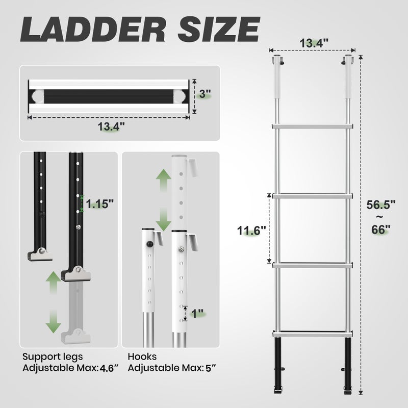 Marudina RV Bunk Ladder,11-Level Height Adjustment Optionsï¼ˆ56.6â€~66.2â€ï¼‰, Lightweight Aluminum Bunk Bed Ladder with Anti-Slip Wide Pedal,330lbs Capacity Step Ladder & Flexible Hooks,for RV,Camper,Dormitory - Image 2