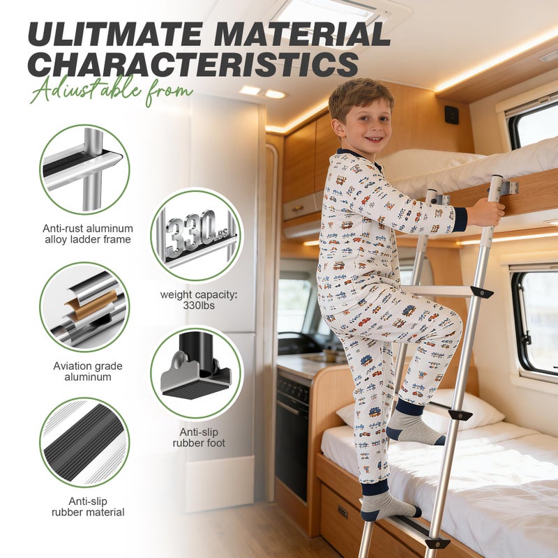 Marudina RV Bunk Ladder,11-Level Height Adjustment Optionsï¼ˆ56.6â€~66.2â€ï¼‰, Lightweight Aluminum Bunk Bed Ladder with Anti-Slip Wide Pedal,330lbs Capacity Step Ladder & Flexible Hooks,for RV,Camper,Dormitory - Image 5