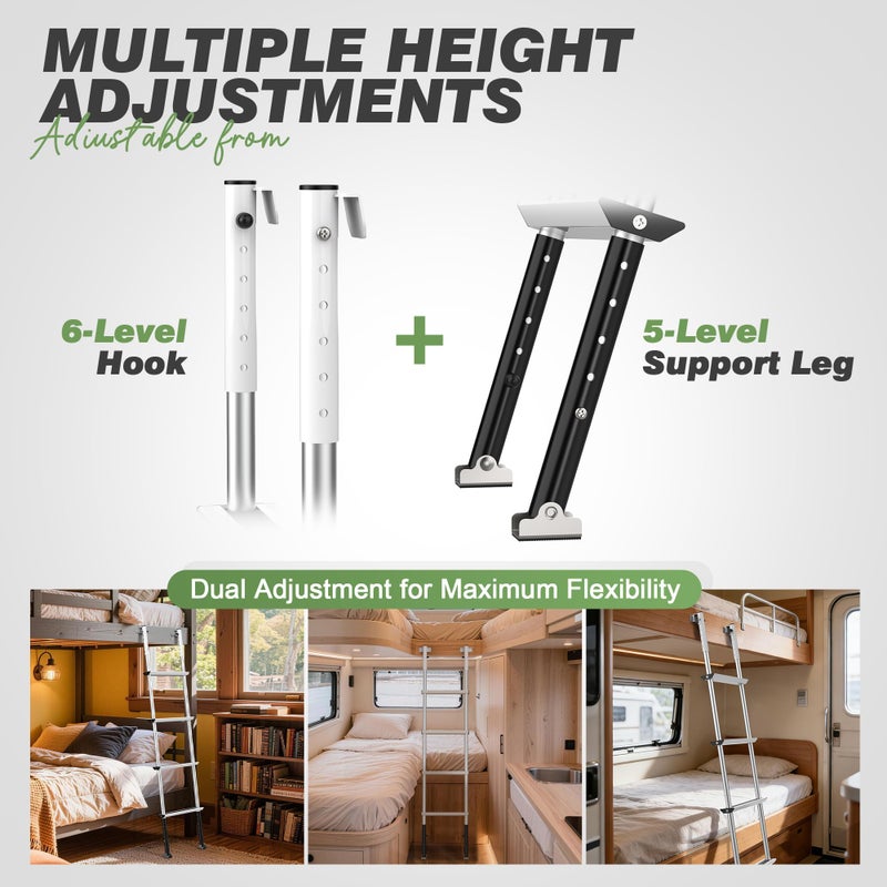 Marudina RV Bunk Ladder,11-Level Height Adjustment Optionsï¼ˆ56.6â€~66.2â€ï¼‰, Lightweight Aluminum Bunk Bed Ladder with Anti-Slip Wide Pedal,330lbs Capacity Step Ladder & Flexible Hooks,for RV,Camper,Dormitory - Image 3