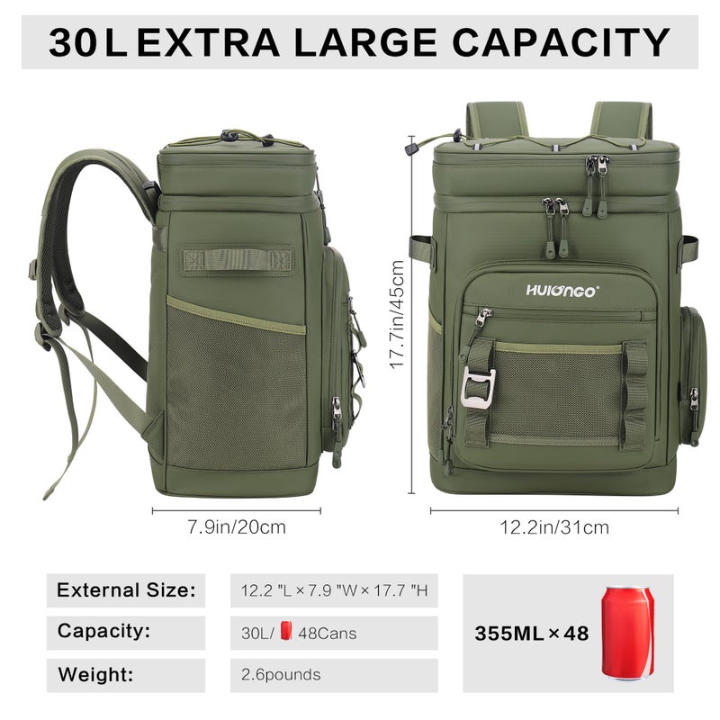 Hulongo 30L Large Waterproof Leakproof Cooler Backpack for Men & Women, Insulated Backpack Cooler for Camping, Beach, Fishing, Picnicï¼ŒOutdoor, 30L, 48Cans, Green - Image 2