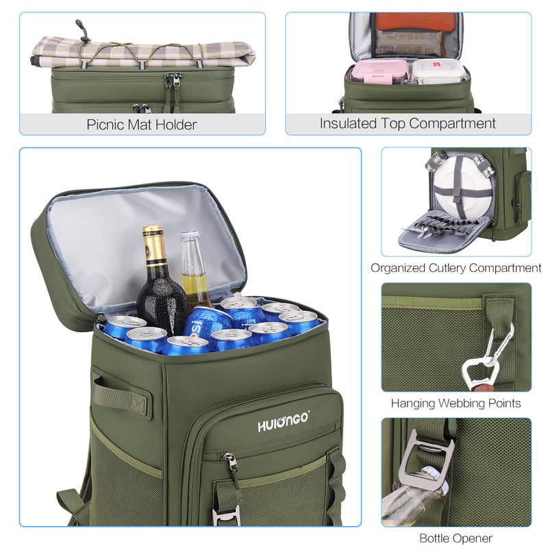 Hulongo 30L Large Waterproof Leakproof Cooler Backpack for Men & Women, Insulated Backpack Cooler for Camping, Beach, Fishing, Picnicï¼ŒOutdoor, 30L, 48Cans, Green - Image 4