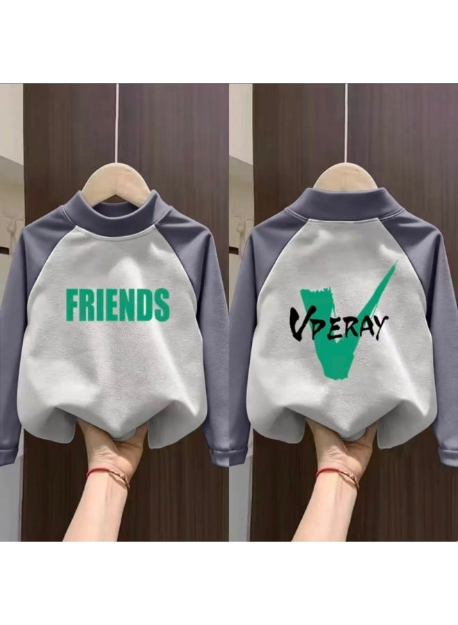 Children's Velvet Base Layer Shirt Winter Warm Top Trendy Autumn & New Style Boys Girls Raglan Splicing Long Sleeve T-shirt - Image 1