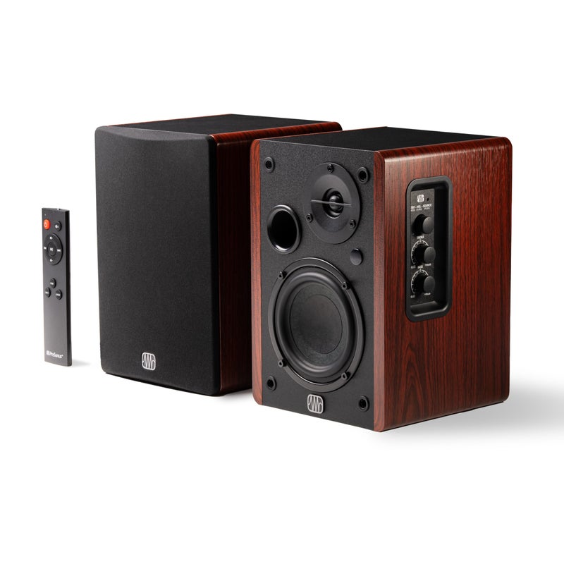PreSonus Eris Accent Powered Bookshelf Speakers â€“ 50W Wired Stereo Speakers for Record Player, Turntable, Desk & Home, Multiple Inputs, 4â€ Woofer, Studio Monitors, Tweeter, Remote, Sub Out, Wood Grain - Image 1