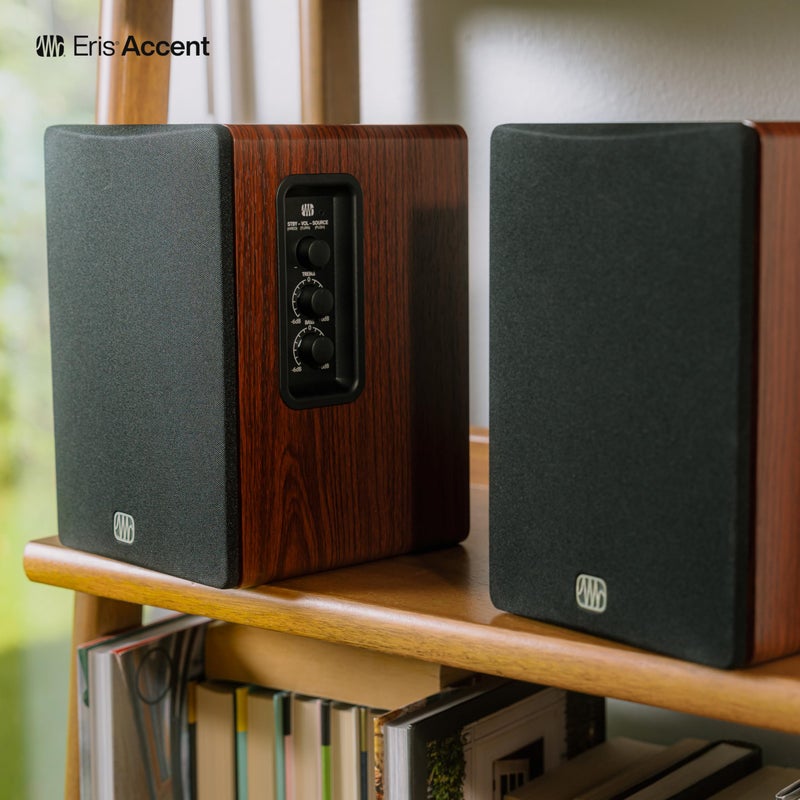 PreSonus Eris Accent Powered Bookshelf Speakers â€“ 50W Wired Stereo Speakers for Record Player, Turntable, Desk & Home, Multiple Inputs, 4â€ Woofer, Studio Monitors, Tweeter, Remote, Sub Out, Wood Grain - Image 3