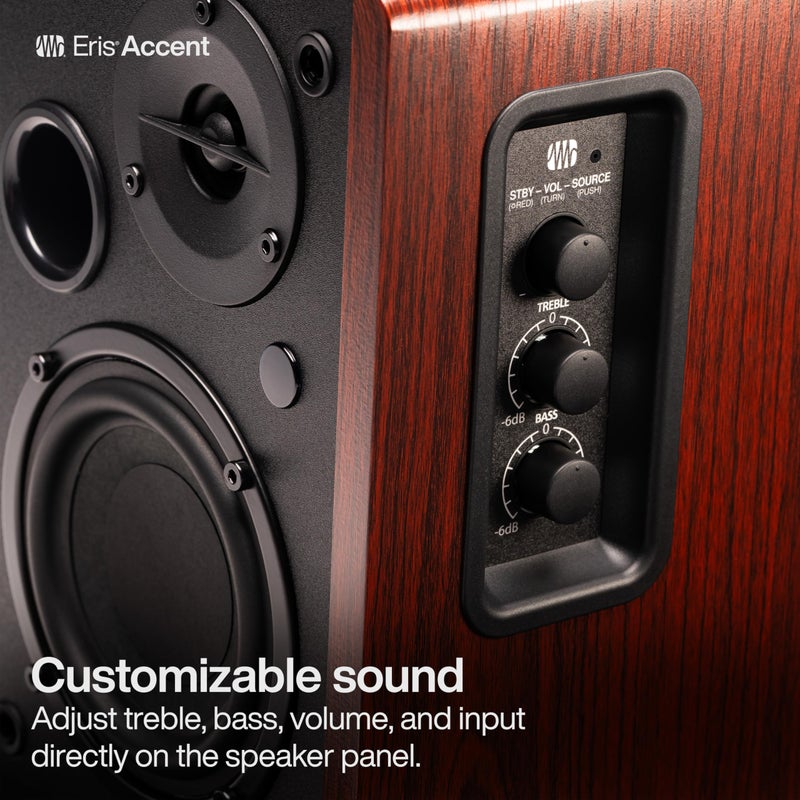 PreSonus Eris Accent Powered Bookshelf Speakers â€“ 50W Wired Stereo Speakers for Record Player, Turntable, Desk & Home, Multiple Inputs, 4â€ Woofer, Studio Monitors, Tweeter, Remote, Sub Out, Wood Grain - Image 4