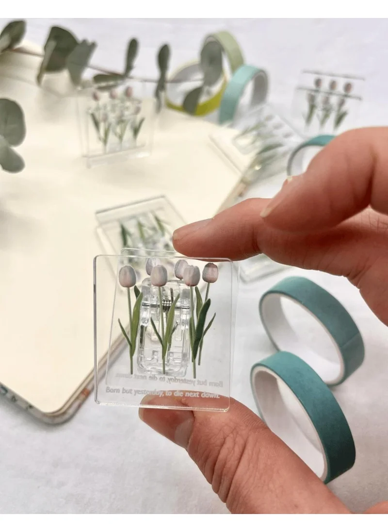 Kağıt Gemi Dükkan Paper Ship Shop Transparent White Tulip Patterned Multifunctional Photo Clip / Photo Peg / Paper Clip / Bookmark