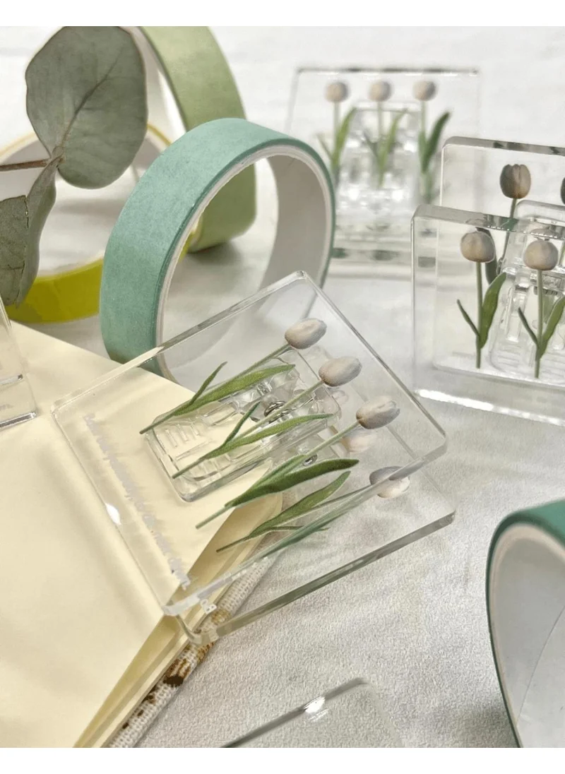 Kağıt Gemi Dükkan Paper Ship Shop Transparent White Tulip Patterned Multifunctional Photo Clip / Photo Peg / Paper Clip / Bookmark
