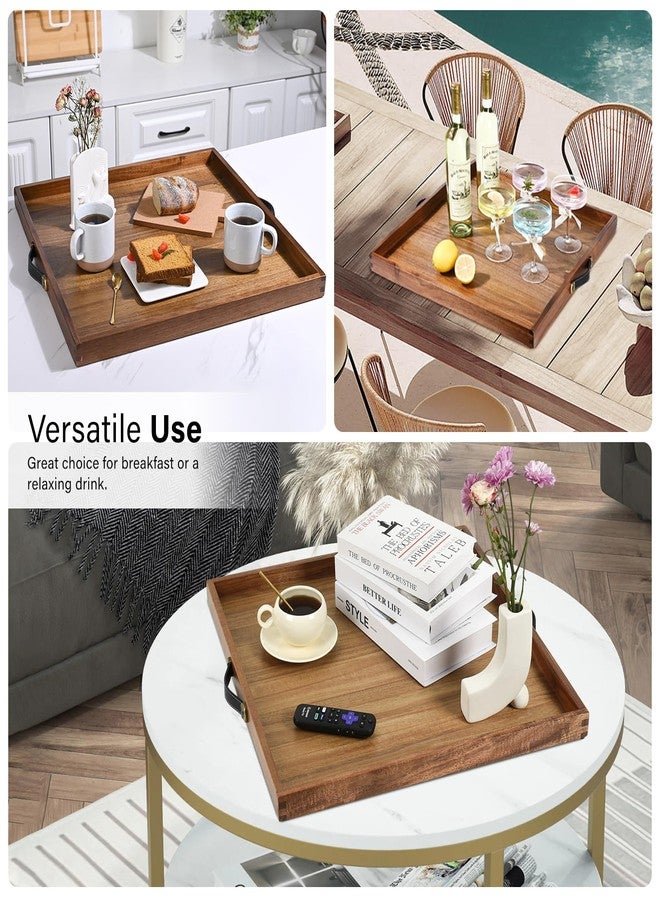 Joy&Grace Extra Large Square Ottoman Tray for Living Room Coffee Table 21 x 21 Inch Decorative Acacia Wooden Serving Tray with Leather Handles for Breakfast in Bed Dinner Food TV (Color Natural) - Image 4