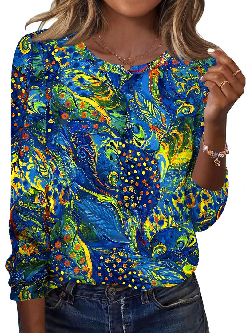 TCOT Womens T Shirts Spring Long Sleeve Crew Neck Tunic Tops to Wear with Leggings Blue Floral Cute Clothes L - Image 1