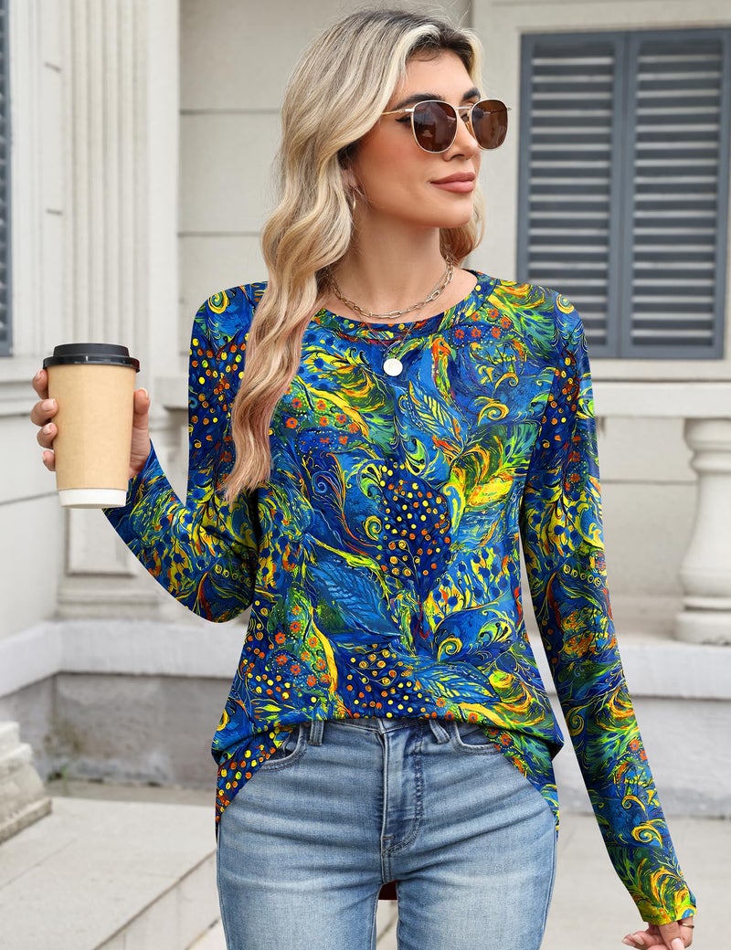 TCOT Womens T Shirts Spring Long Sleeve Crew Neck Tunic Tops to Wear with Leggings Blue Floral Cute Clothes L - Image 2