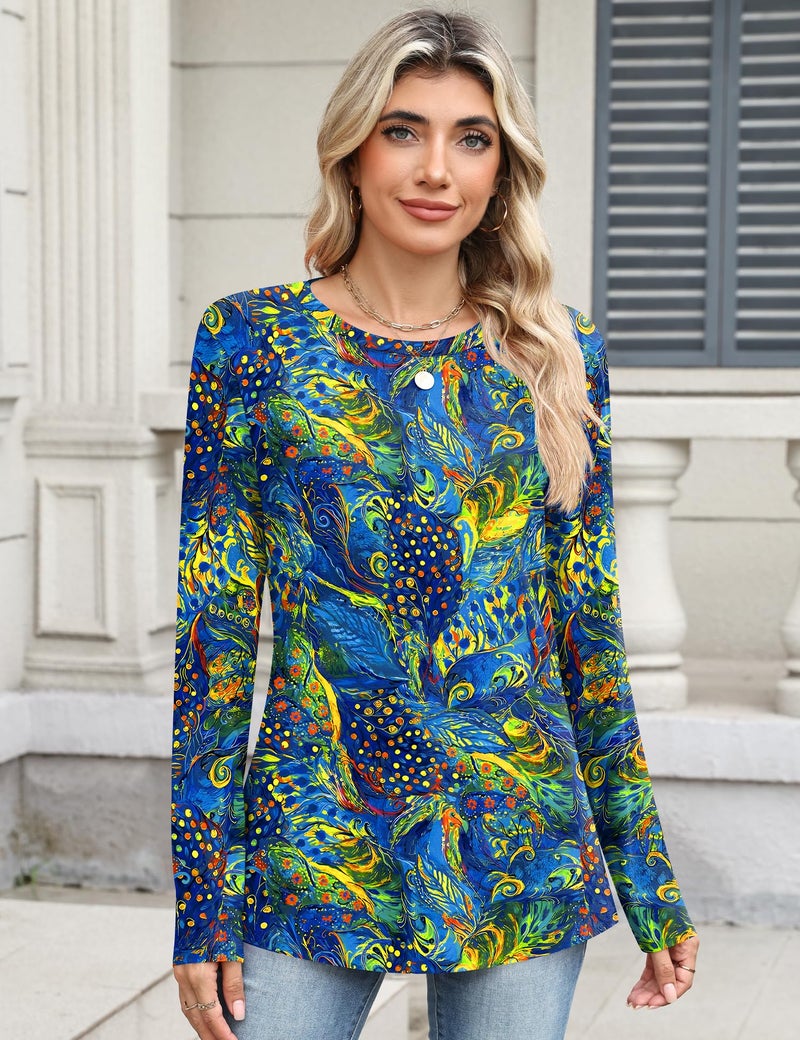 TCOT Womens T Shirts Spring Long Sleeve Crew Neck Tunic Tops to Wear with Leggings Blue Floral Cute Clothes L - Image 4