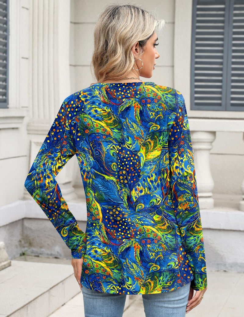 TCOT Womens T Shirts Spring Long Sleeve Crew Neck Tunic Tops to Wear with Leggings Blue Floral Cute Clothes L - Image 3