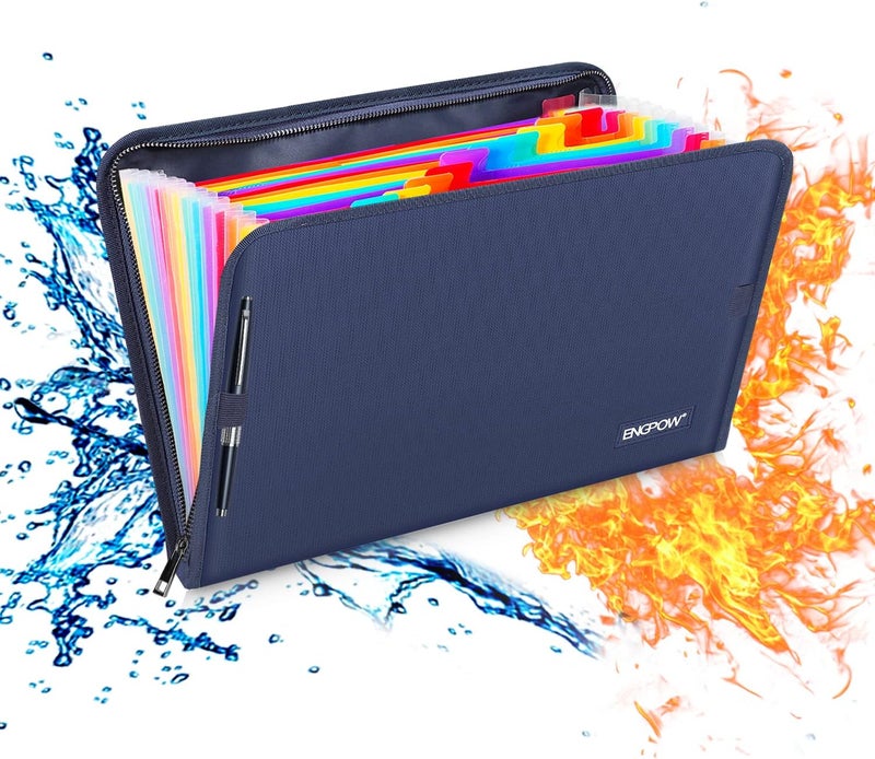 ENGPOW 13 Pocket Expanding File Folder,Fireproof Accordion File Folder Document Organizer with Zipper Closure,Portable Filing Organizer Safe with Colorful Tabs for A4/Letter Size Paper,Files(Blue) - Image 1