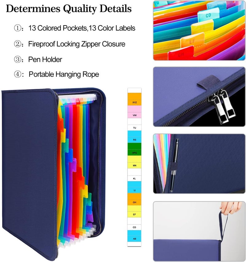 ENGPOW 13 Pocket Expanding File Folder,Fireproof Accordion File Folder Document Organizer with Zipper Closure,Portable Filing Organizer Safe with Colorful Tabs for A4/Letter Size Paper,Files(Blue) - Image 2