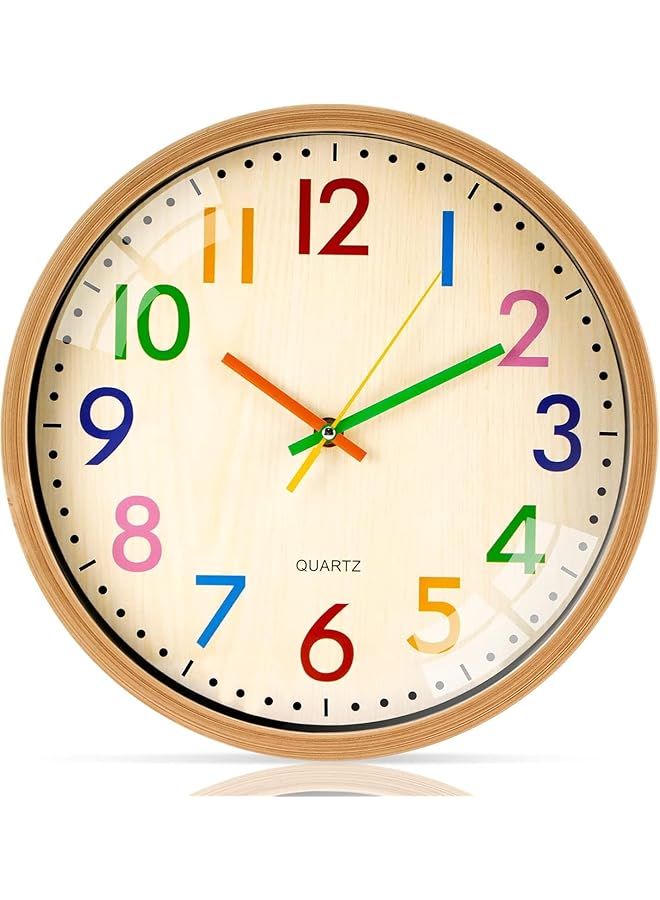 The Bros 12 Inch Wall Clocks Battery Operated,Wooden Frame Colorful Modern Silent Non-Ticking Clock for Nursery Classroom Office Living Room Bedroom Playroom Decor - Image 1