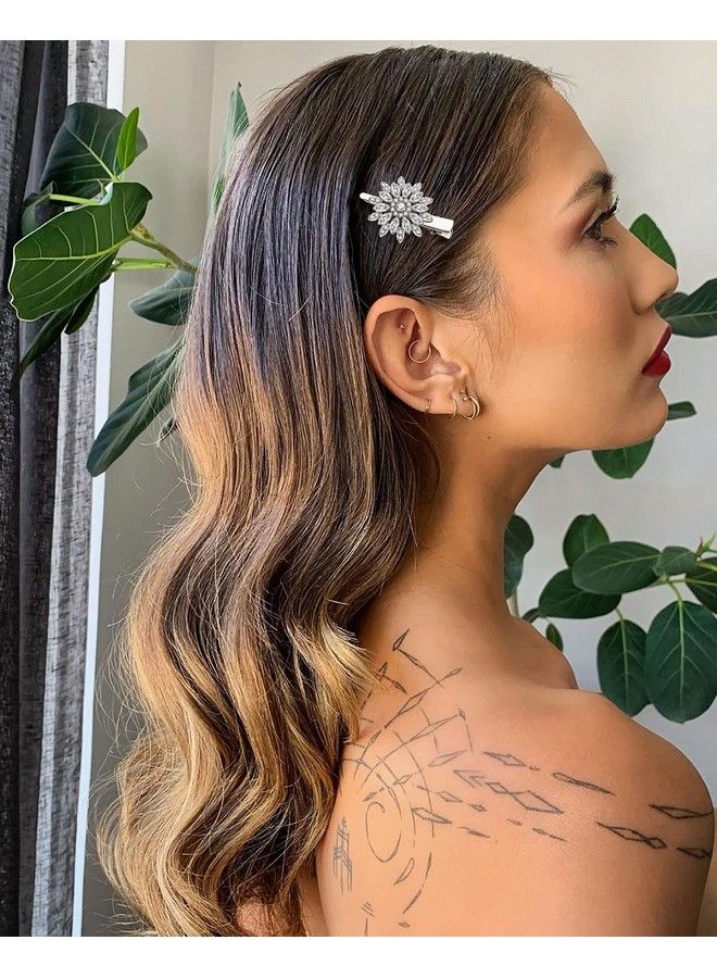 HSWE Crystal Hair Clips Large Sparkle Rhinestone Flower Design Alligator Metal Clip Nonslip Floral Duckbill Hairpins Bling French Fancy Hair Barrettes For Women Girls Hair Jewelry Accessories - Image 3