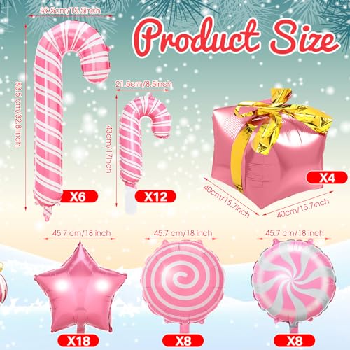 Glimin 50 Pieces Large Christmas Candy Cane Foil Balloons Pink and White Peppermint Xmas Balloons Star Gift Box Candies Theme Decoration for Christmas Birthday Party Supplies - Image 5