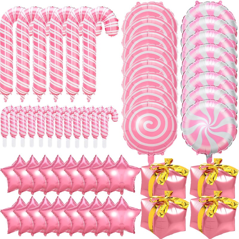 Glimin 50 Pieces Large Christmas Candy Cane Foil Balloons Pink and White Peppermint Xmas Balloons Star Gift Box Candies Theme Decoration for Christmas Birthday Party Supplies - Image 3
