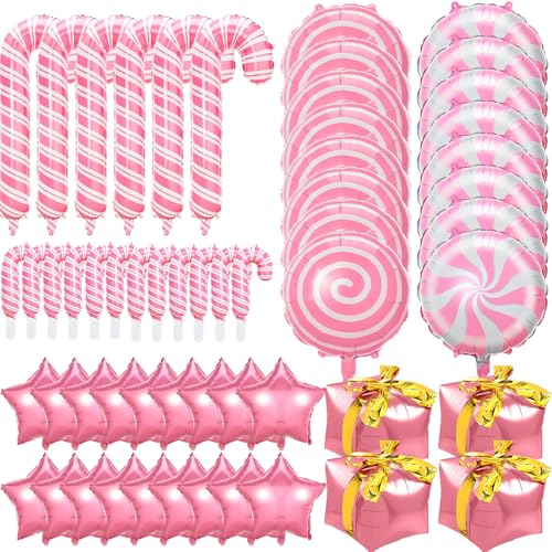 Glimin 50 Pieces Large Christmas Candy Cane Foil Balloons Pink and White Peppermint Xmas Balloons Star Gift Box Candies Theme Decoration for Christmas Birthday Party Supplies - Image 1