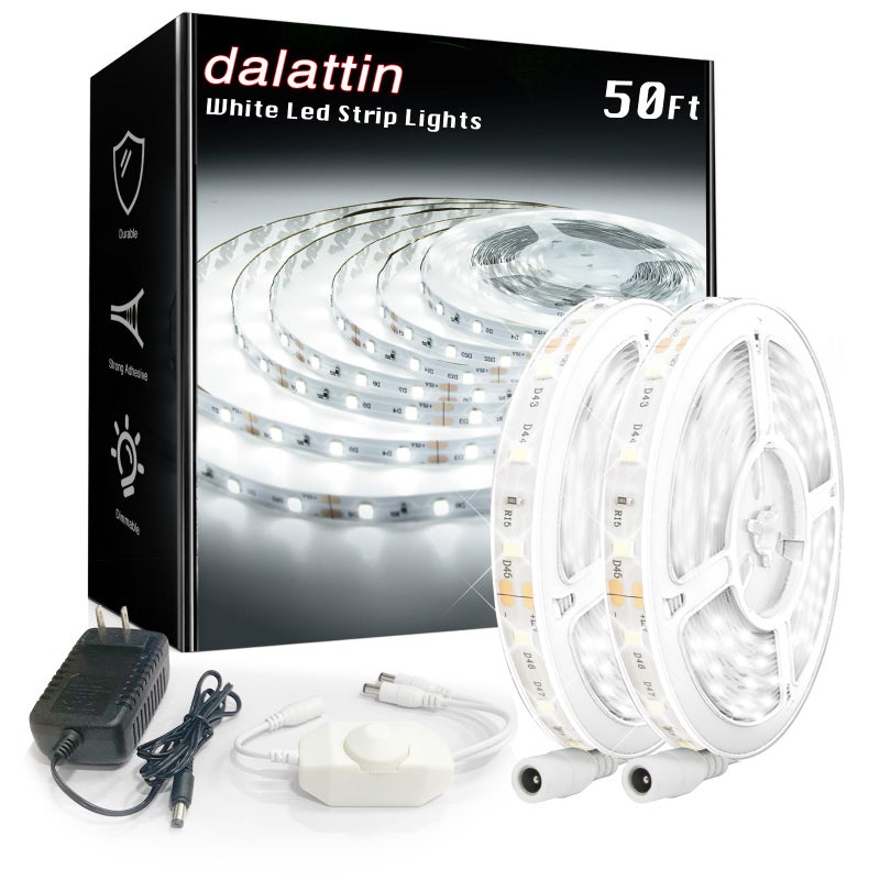 dalattin White LED Strip Lights 50ft Dimmable Bright 24V Led Light Strip 6500K Daylight White 900 LEDs Lights for Bedroom Mirror Kitchen Strong Adhesive2 Rolls of 25ft