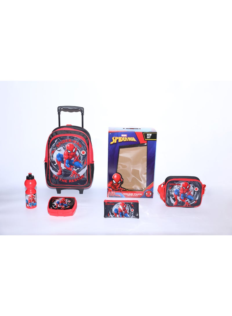 MARVEL Spider Man 5 in 1 Value Pack (16" Trolley Bag with Lunch Box, Lunch bag, Water Bottle and Pencil Case) - Image 1