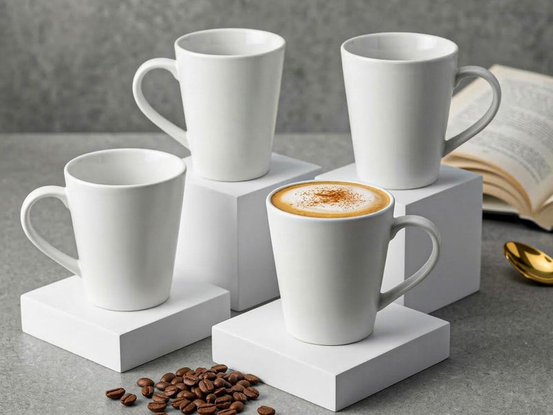 Bodhi House 'Kawaii' Large Coffee Mug Set of 4, Stoneware Tea Cup, Microwave Safe Milk Cup, Glossy Finish, Ideal for Daily use, Casual Gatherings and Gifting, White, 350 Ml - Image 1