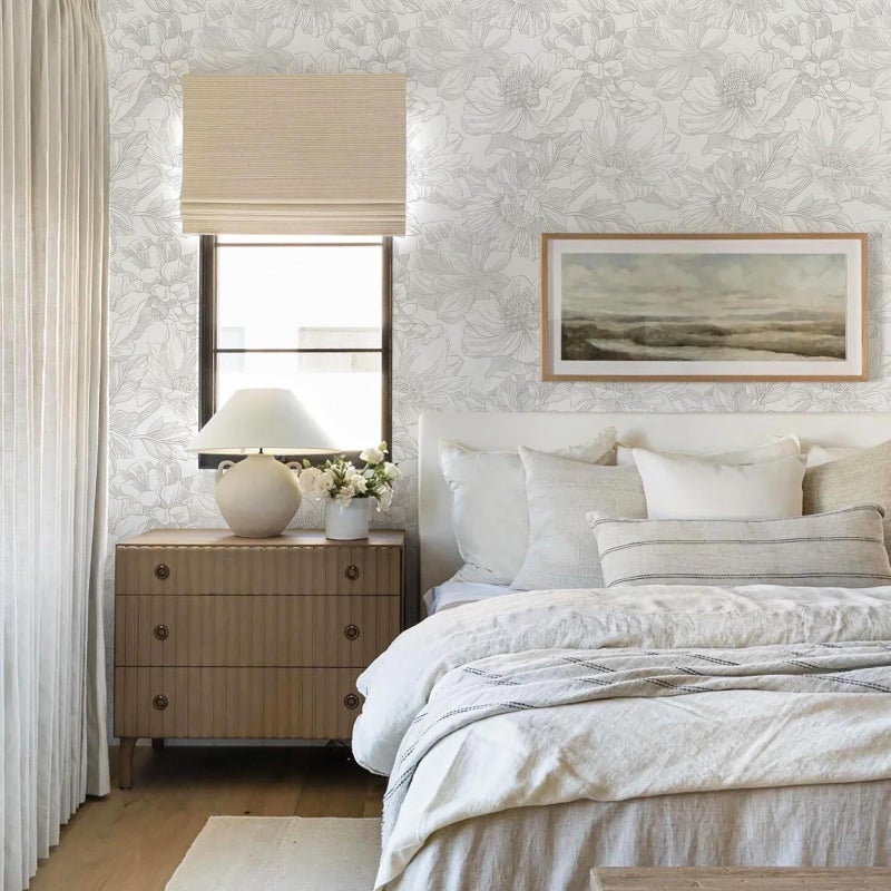 Ismoon Large Floral Peel and Stick Wallpaper Boho White/Grey Contact Paper 17.3inx6.5ft Removable Self Adhesive Bedroom Cabinet Mural Wall Decor Vinyl Roll - Image 4