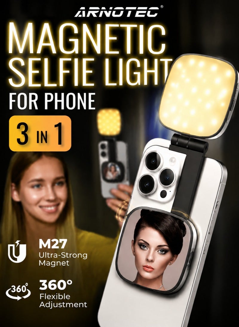 ARNOTEC Magnetic Selfie Light with Full-Screen Makeup Mirror, 700 lx/1.0 ft LED Ring Light with 5 CCT & Brightness Levels, Adjustable Angles, USB-C Rechargeable, Compatible with MagSafe & All Phones for Zoom, Makeup, Photography, Video Calls - Image 1